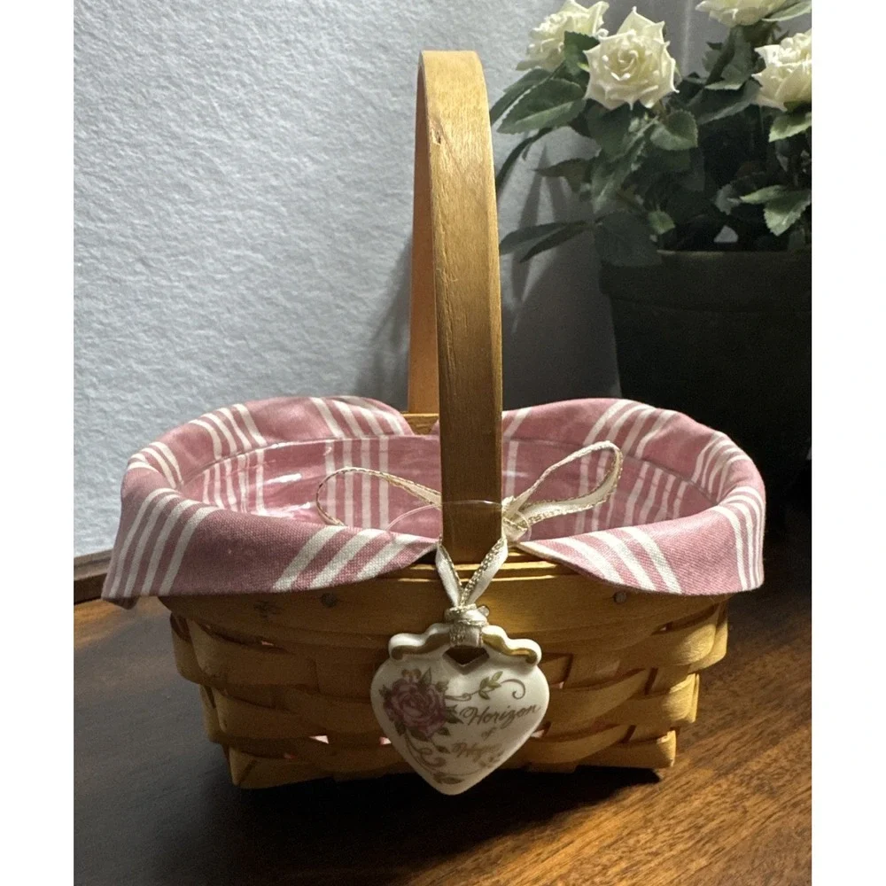 Longaberger HOPE Basket With Pink Stripes Liner, Plastic Liner‎ And Heart Tie On